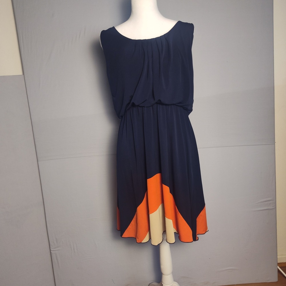 Enfocus Studio Navy Blue Orange Colorblock Blouson Dress Size 12 9316N